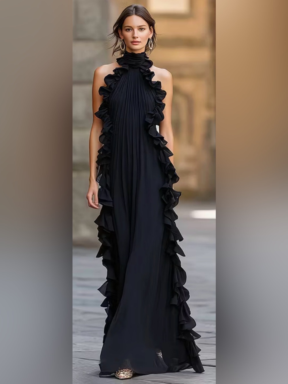 High-Neck Ruffle-Trim Maxi Dress - Black NWT